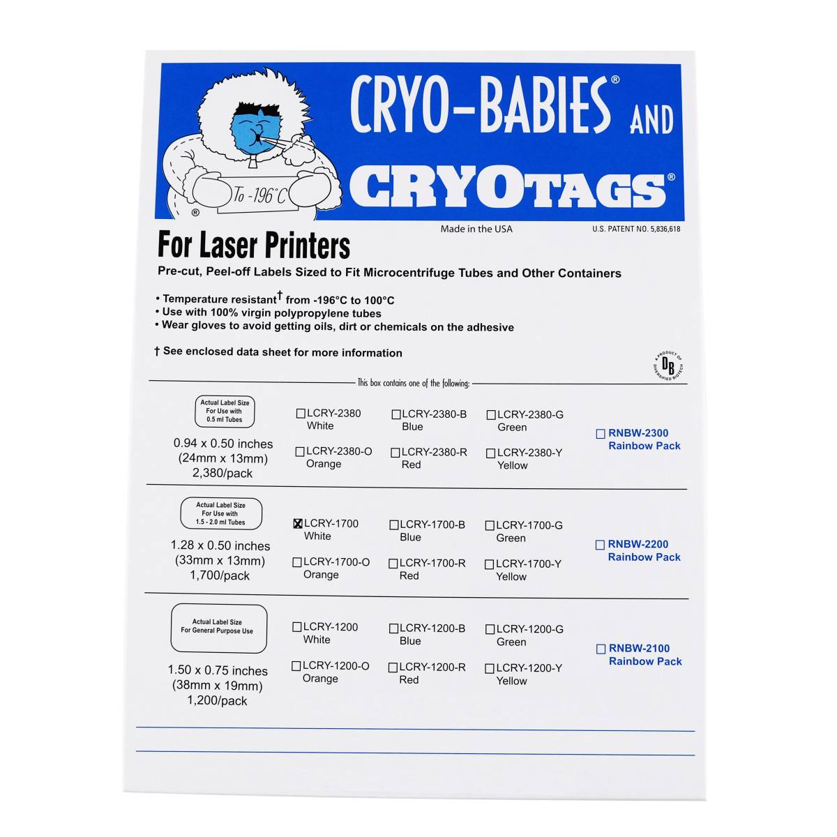 Cryo-Babies Labels, Laser Sheet, 1.5 - 2.0ml Tubes, 1.28 x 0.5 Inches, White, 1,700 per Package