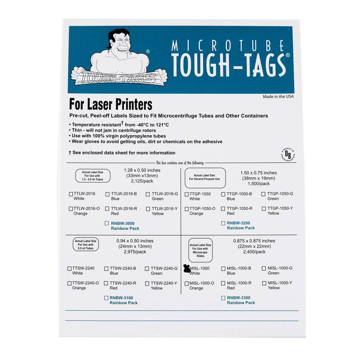 Tough-Tags, Microscope Slide Labels, Laser Sheets, 0.875 x 0.875 Inches, White, 2400 per Package