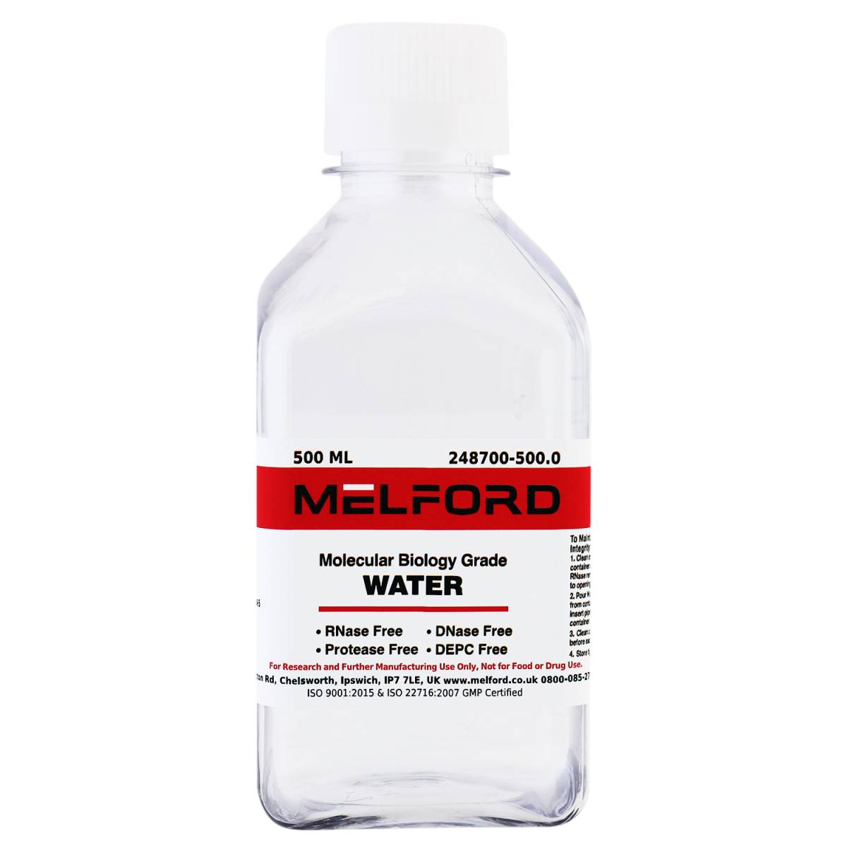 Water, Molecular Biology Grade, DNase and RNase Free, 500 millilitre bottle