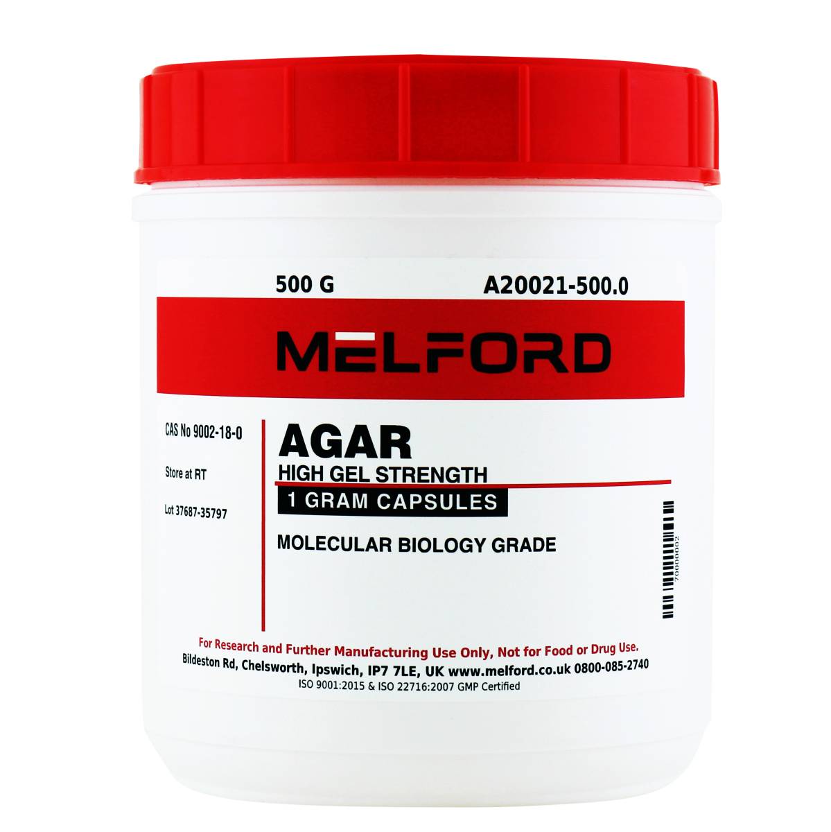 Agar, 1 Gram Capsules, High Gel Strength, 500 Grams