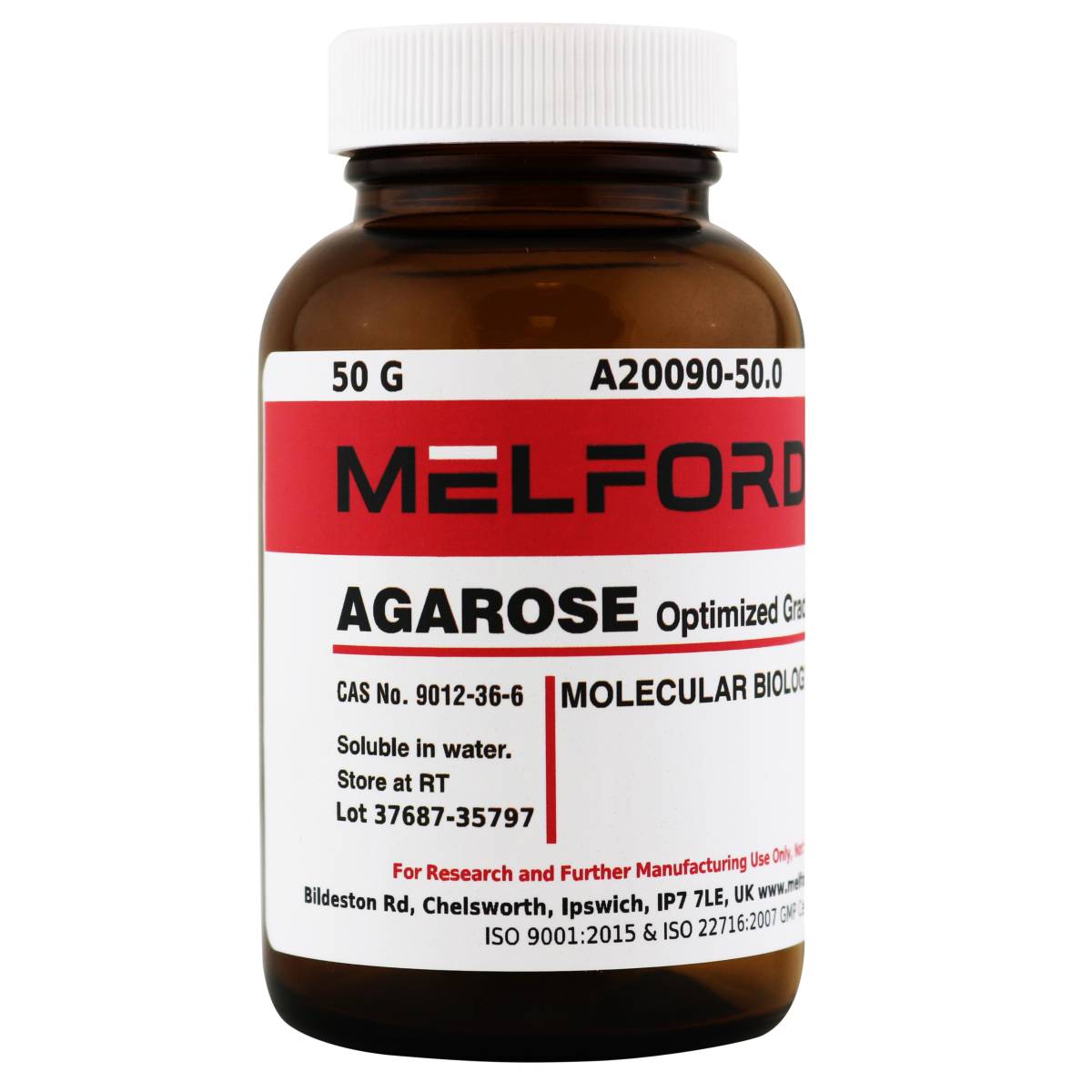 Agarose, for Routine Gel Electrophoresis, Molecular Biology Grade, High Gel Strength, 50 Grams