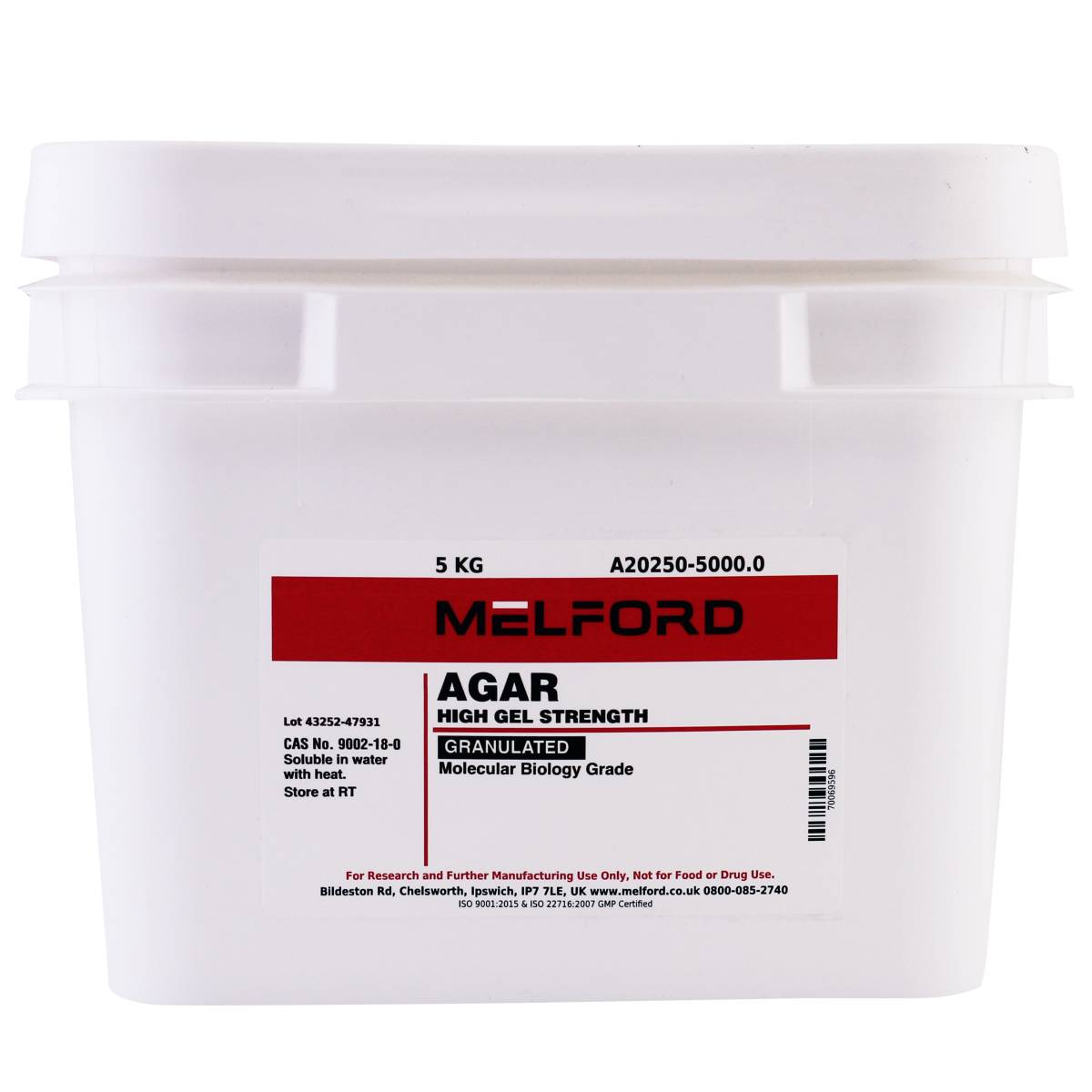 Agar, Granulated, High Gel Strength, 5 Kilograms