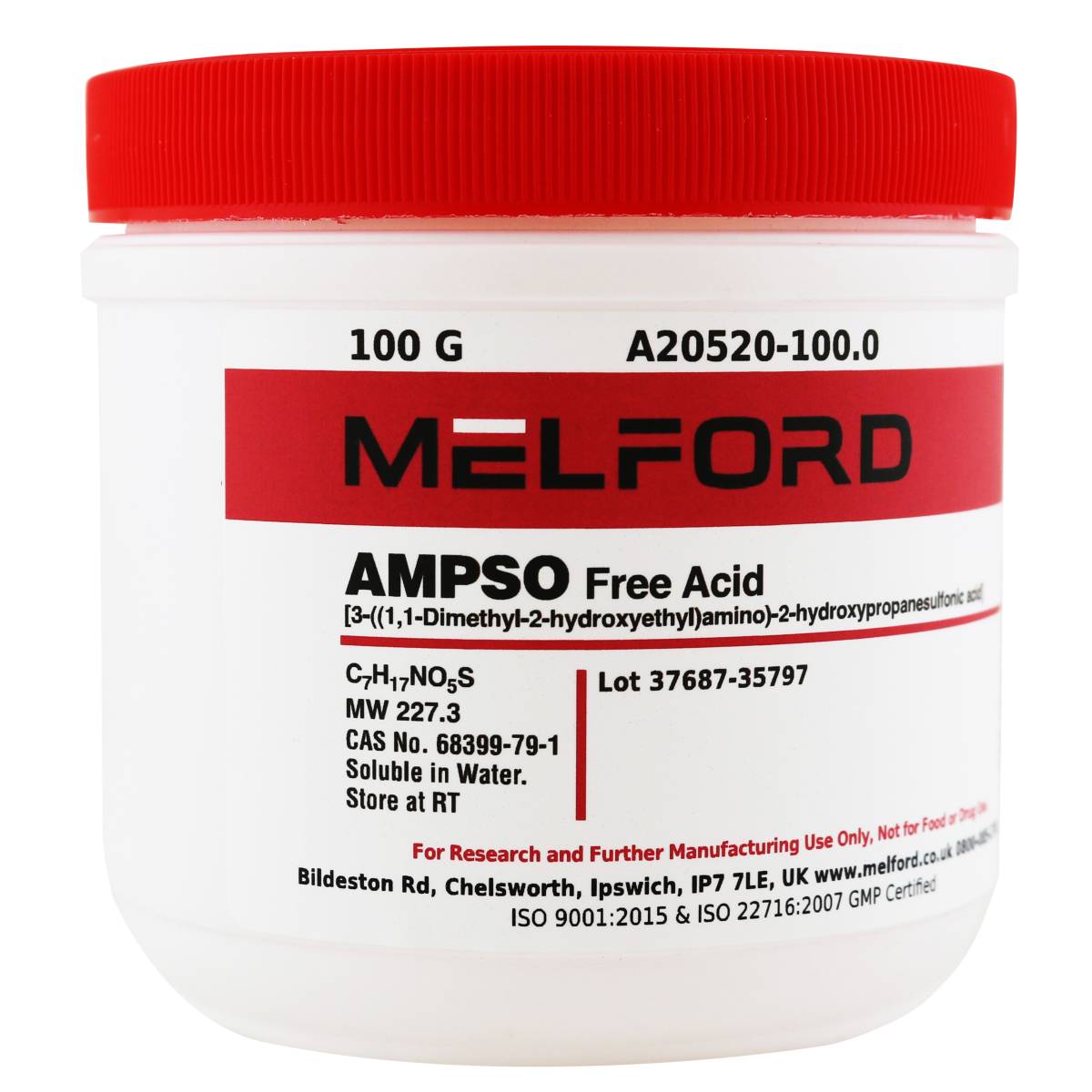 AMPSO [3-((1,1-Dimethyl-2-hydroxyethyl)amino)-2-hydroxypropanesulfonic acid], 100 Grams