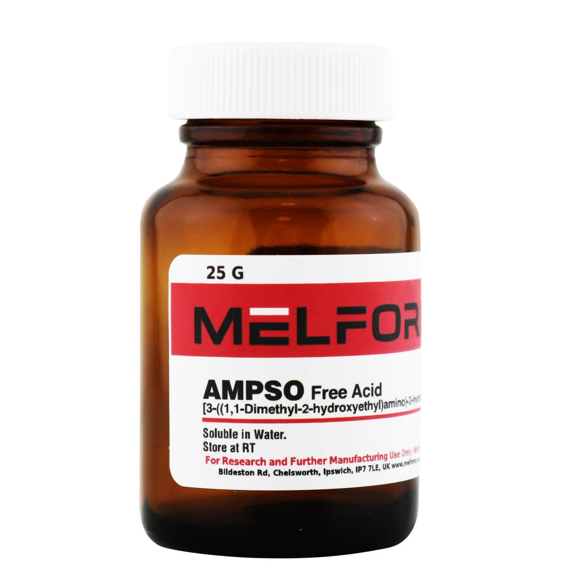 AMPSO [3-((1,1-Dimethyl-2-hydroxyethyl)amino)-2-hydroxypropanesulfonic acid], 25 Grams