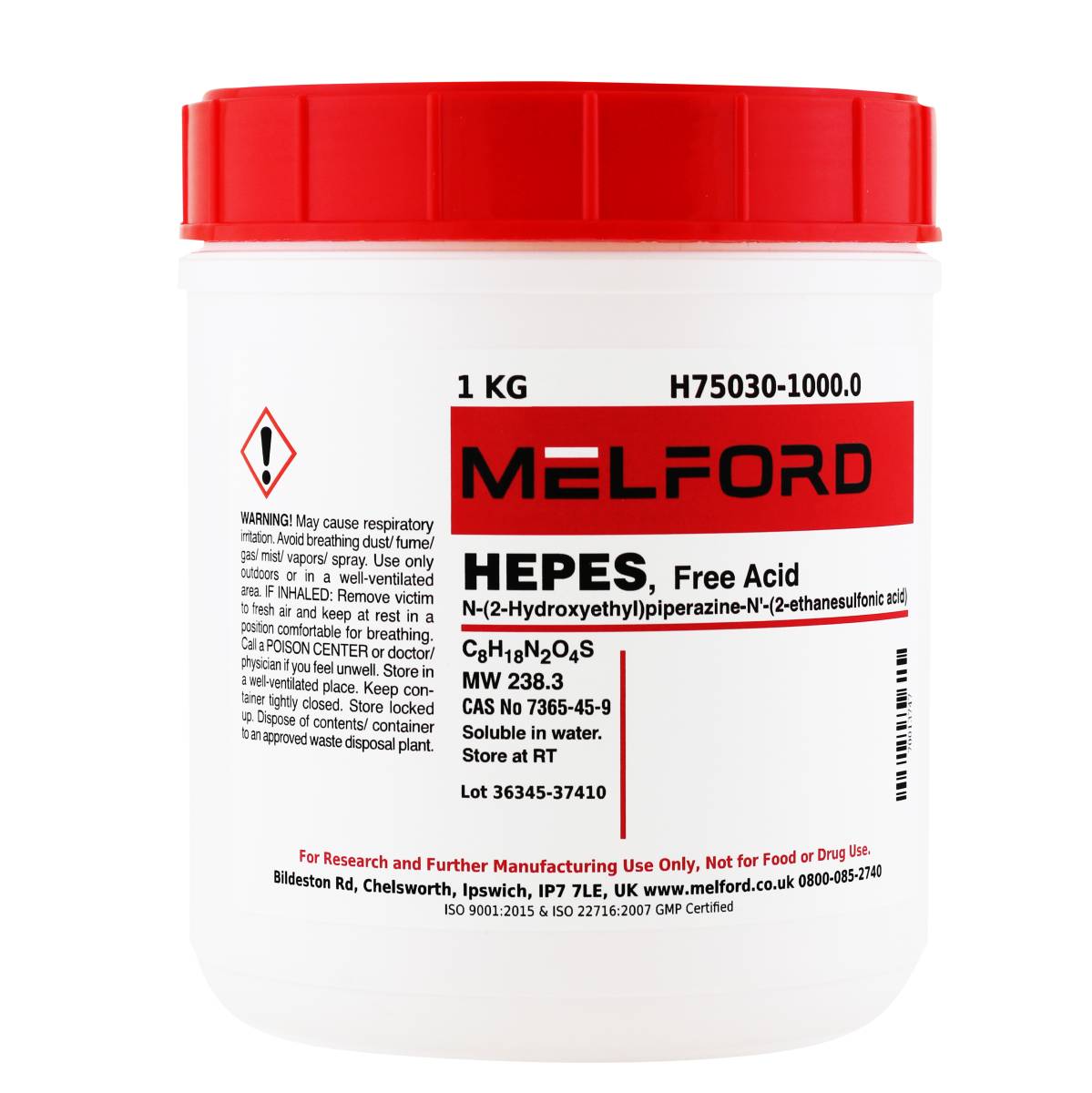 HEPES, Free Acid [N-(2-Hydroxyethyl) piperazine N'-(2-ethanesulfonic acid)], 1 Kilogram