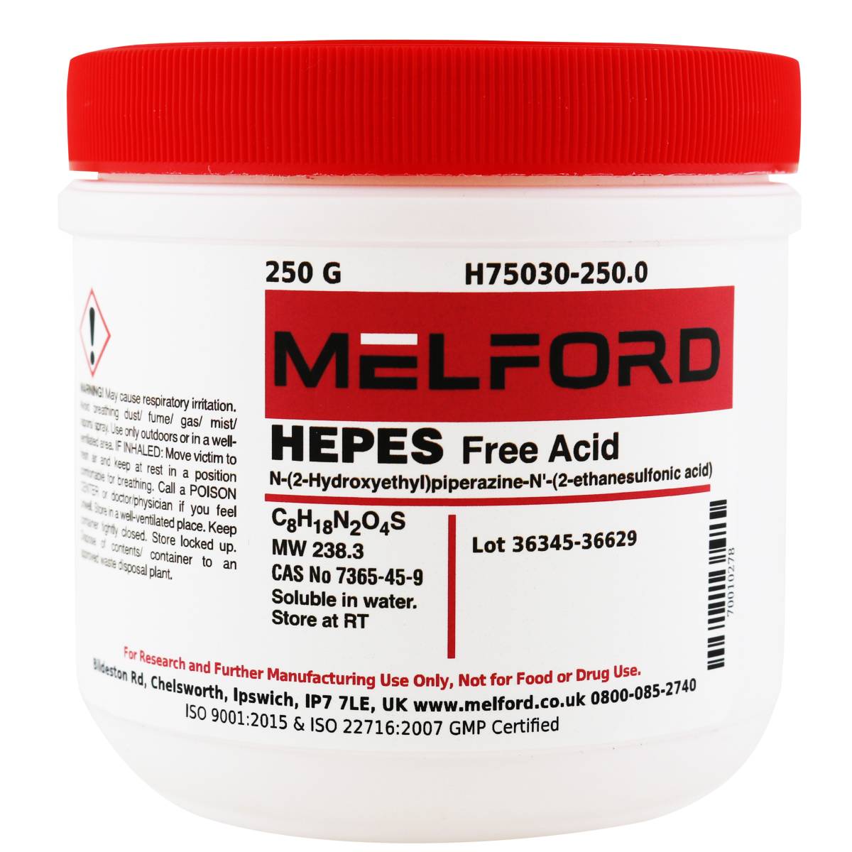 HEPES, Free Acid [N-(2-Hydroxyethyl) piperazine N'-(2-ethanesulfonic acid)], 250 Grams