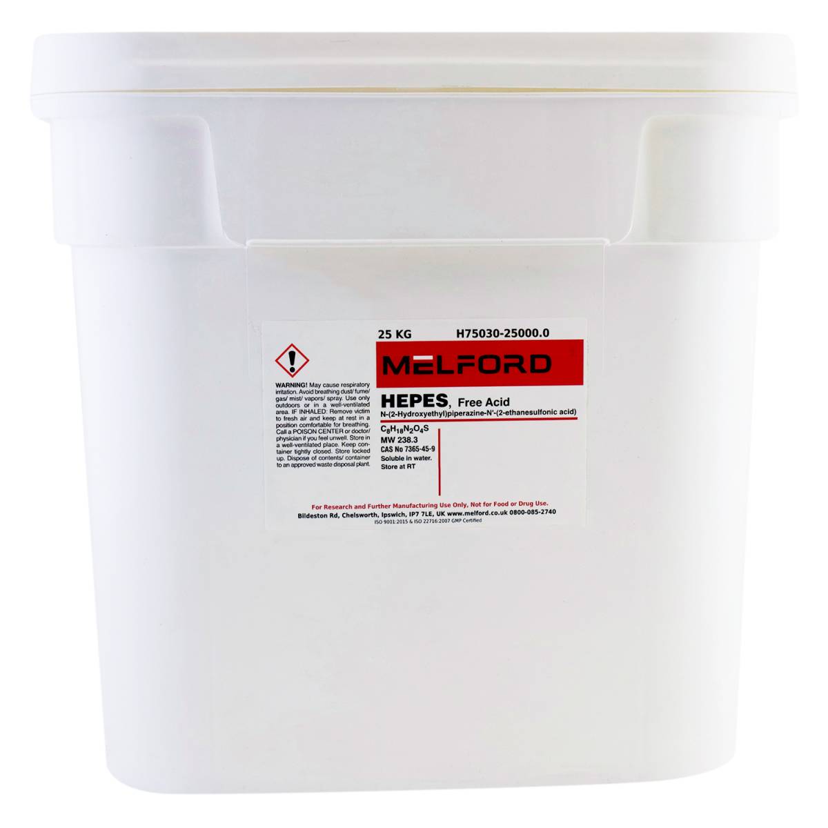 HEPES, Free Acid [N-(2-Hydroxyethyl) piperazine N'-(2-ethanesulfonic acid)], 25 Kilograms