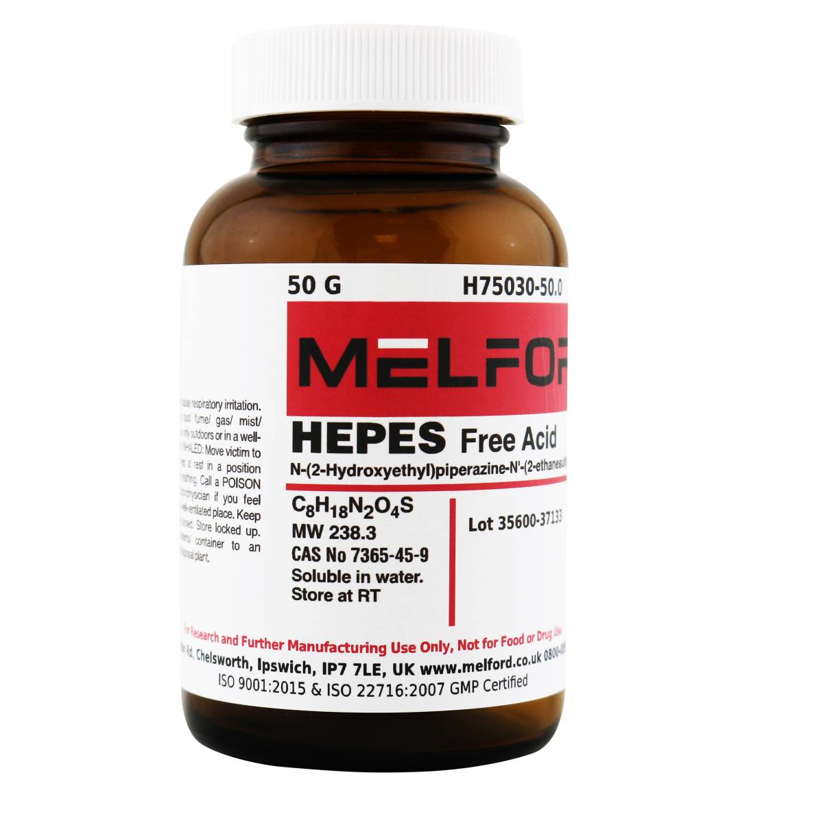 HEPES, Free Acid [N-(2-Hydroxyethyl) piperazine N'-(2-ethanesulfonic acid)], 50 Grams