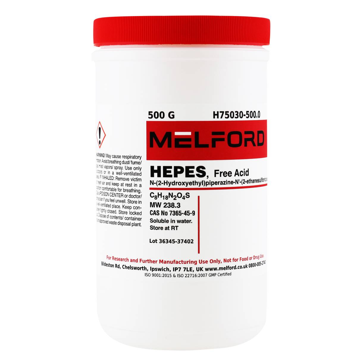 HEPES, Free Acid [N-(2-Hydroxyethyl) piperazine N'-(2-ethanesulfonic acid)], 500 Grams