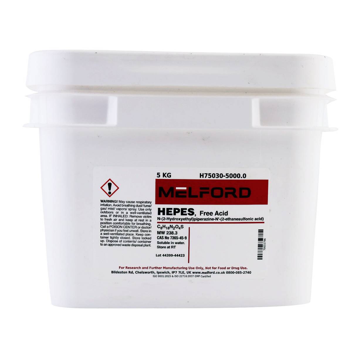 HEPES, Free Acid [N-(2-Hydroxyethyl) piperazine N'-(2-ethanesulfonic acid)], 5 Kilograms