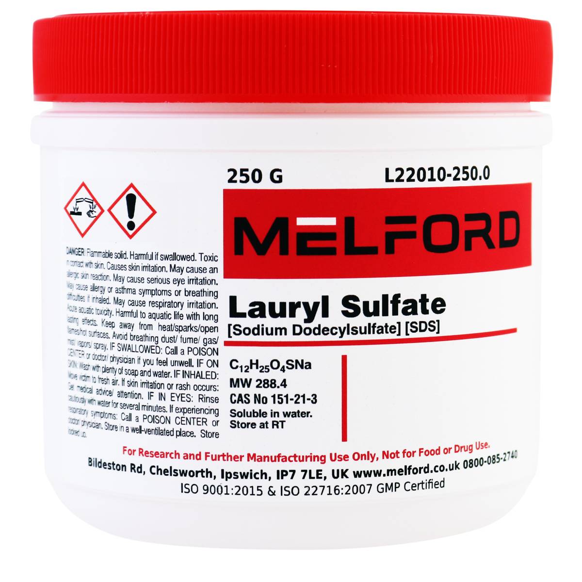 SDS, Powder [Sodium dodecylsulfate][Lauryl sulfate], 250 Grams