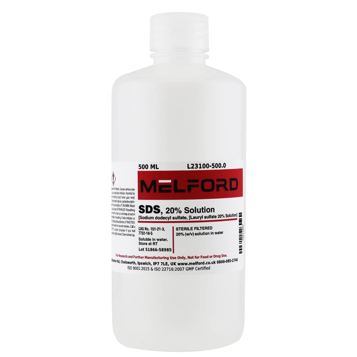 SDS, 20% Solution [Sodium dodecylsulfate 20% Solution][Lauryl sulfate 20% Solution], 500 Milliliters