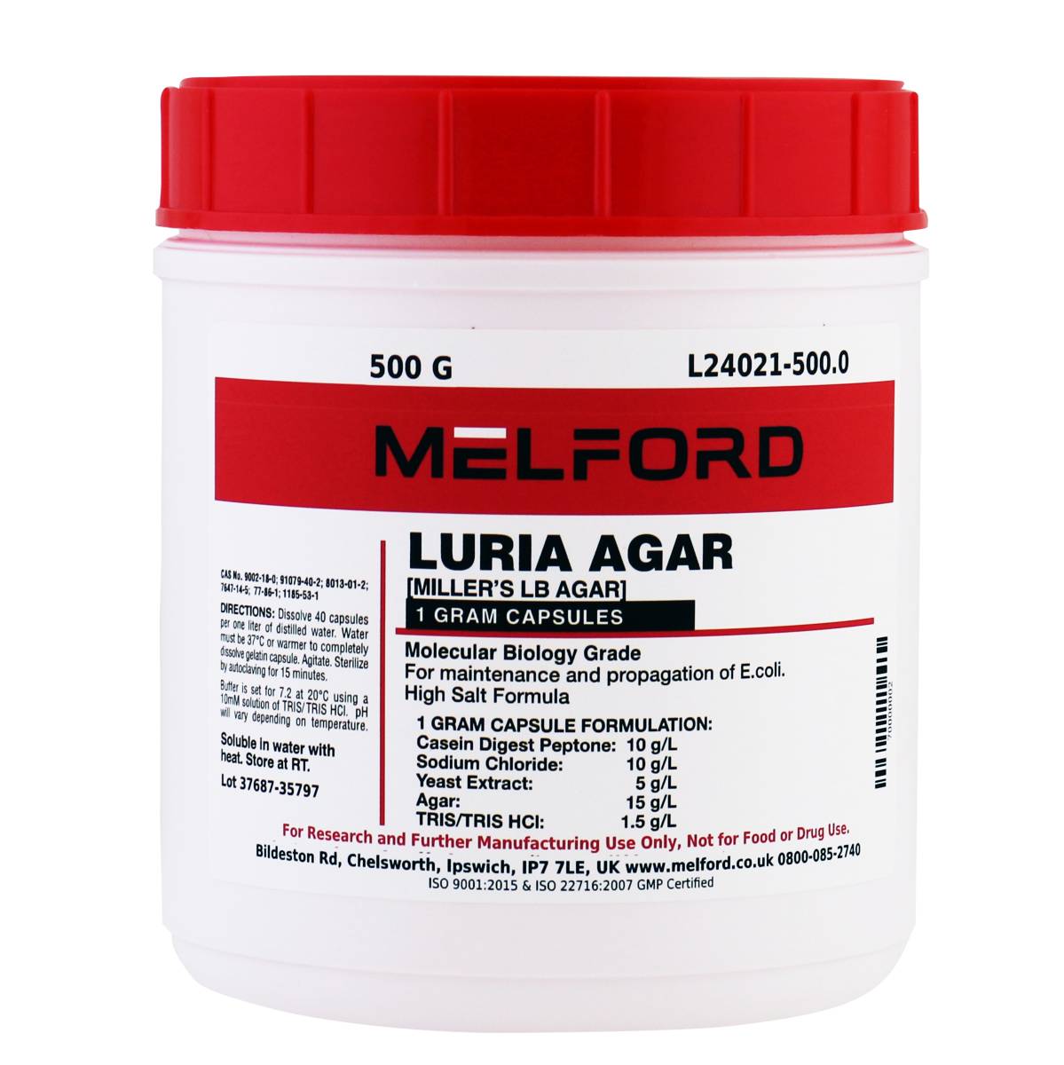 Luria Agar 1 Gram Buffered Capsules [Miller's LB Agar], 500 Grams