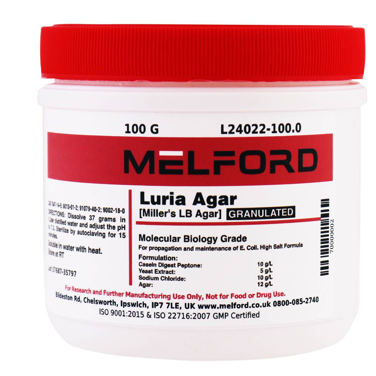 Luria Agar Granulated [Miller's LB Agar], 100 Grams