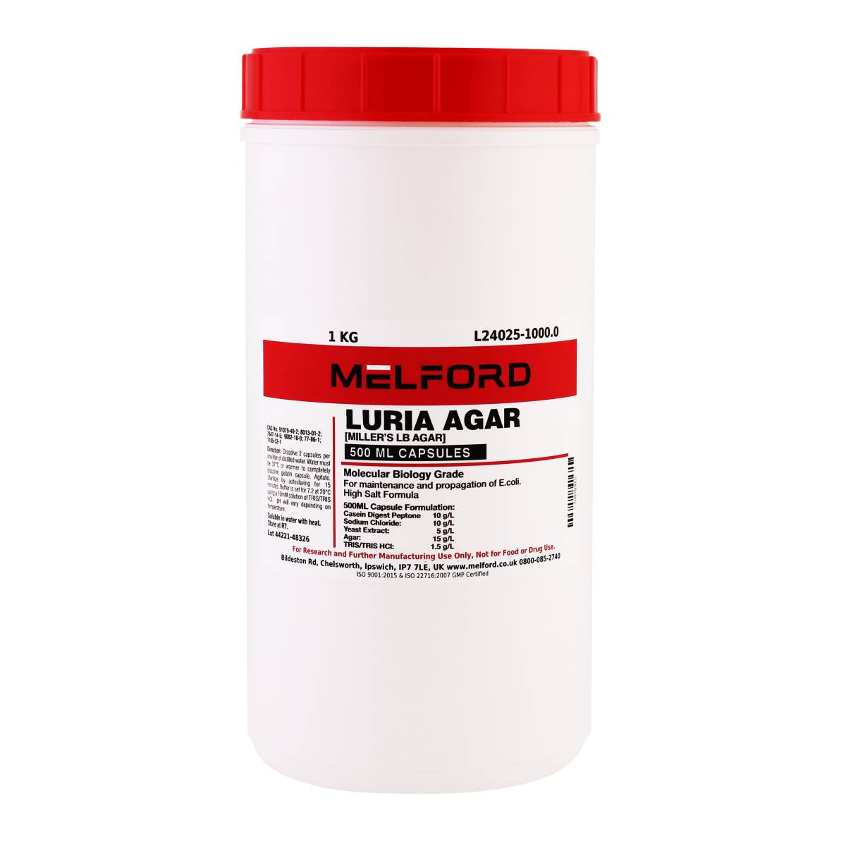 Luria Agar 500 Milliliter Buffered Capsules [Miller's LB Agar], 1 Kilogram