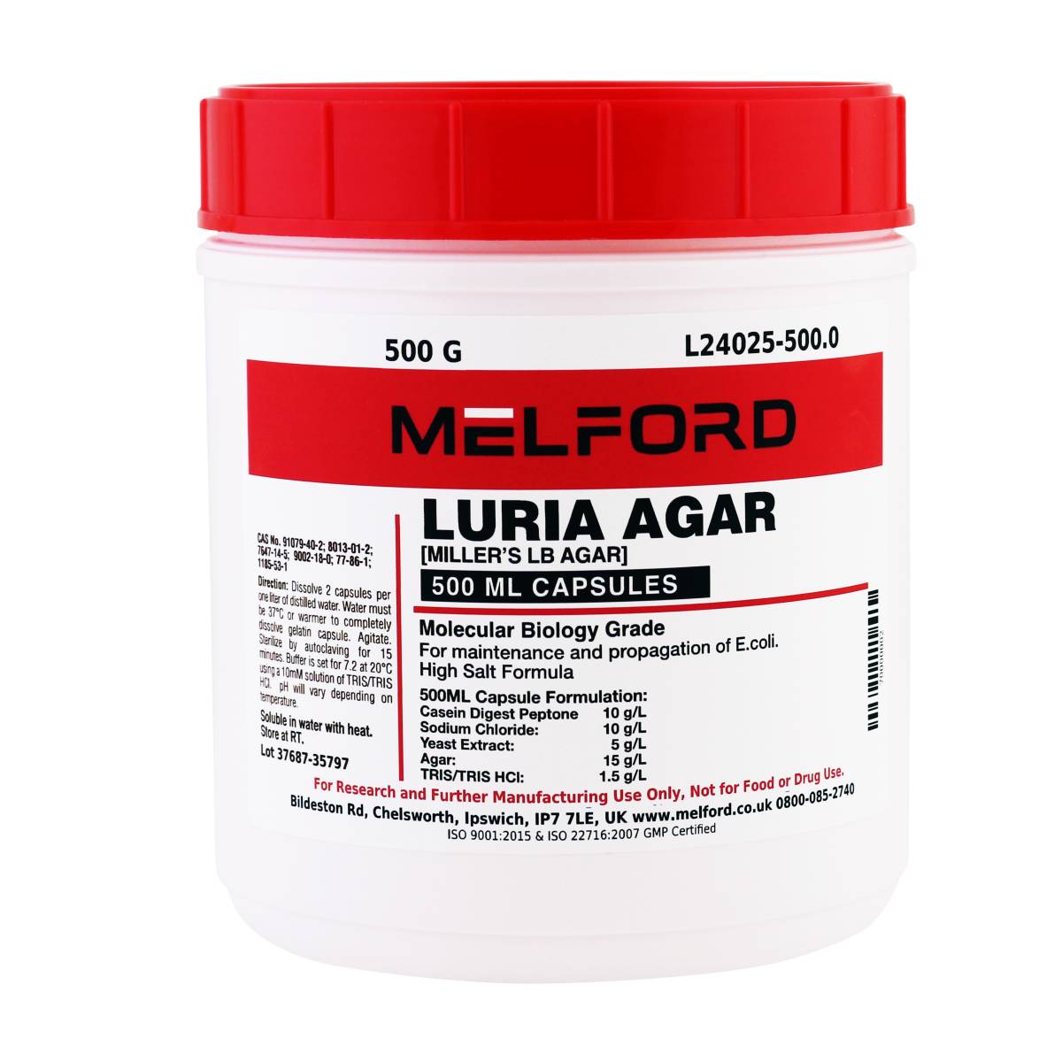 Luria Agar 500 Milliliter Buffered Capsules [Miller's LB Agar], 500 Grams