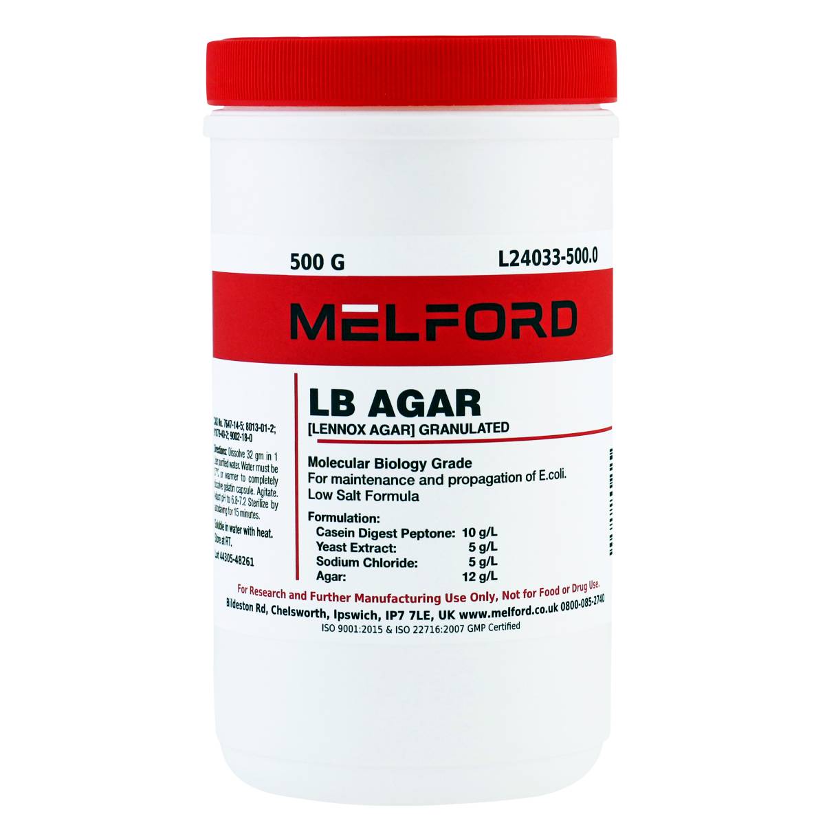 LB Agar, Low Salt Formula, Granulated [Lennox Agar], 500 Grams