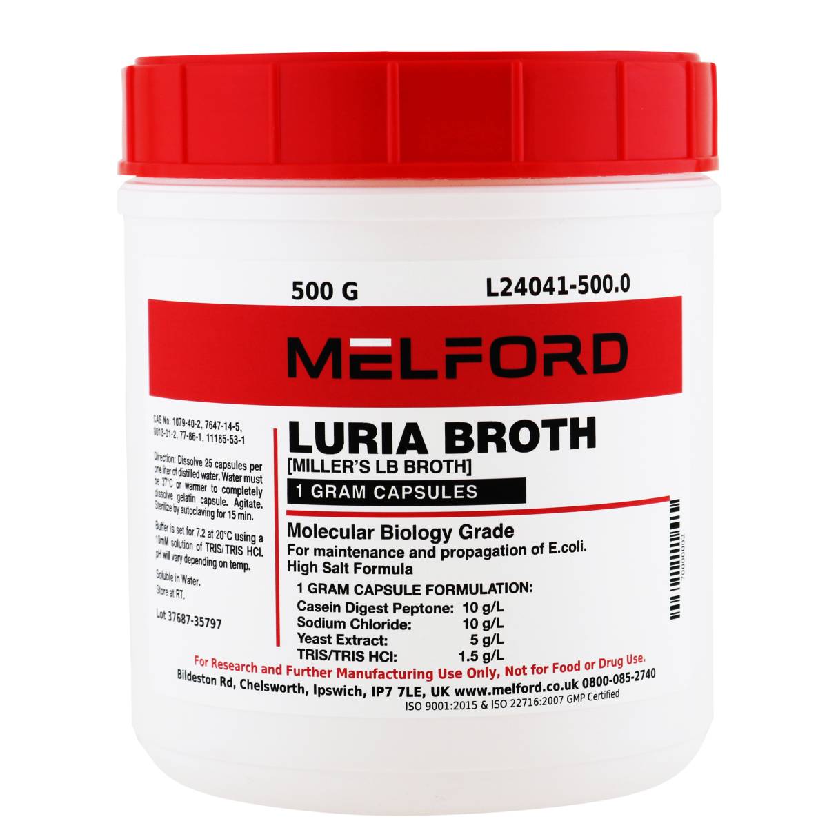 Luria Broth 1 Gram Buffered Capsules [Miller's LB Broth], 500 Grams