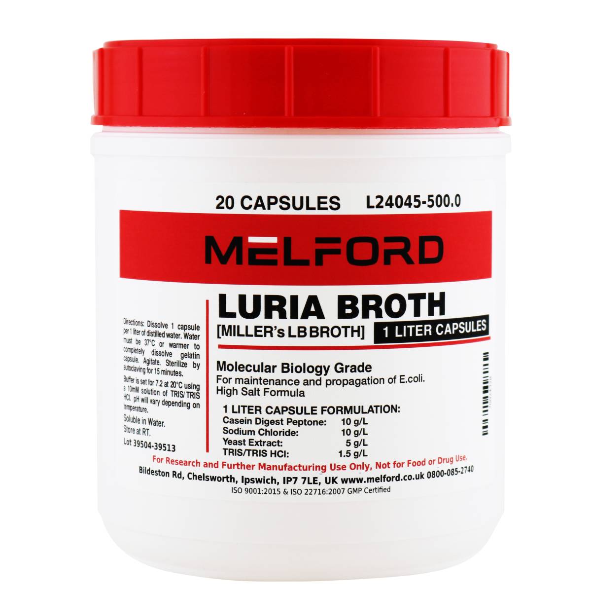 Luria Broth 1 Liter Buffered Capsules [Miller's LB Broth], 500 Grams