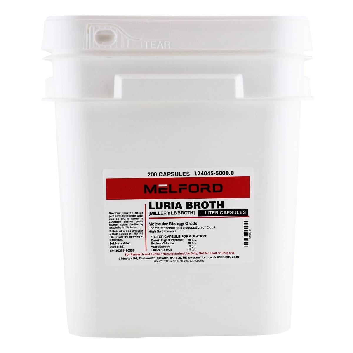 Luria Broth 1 Liter Buffered Capsules [Miller's LB Broth], 5 Kilograms