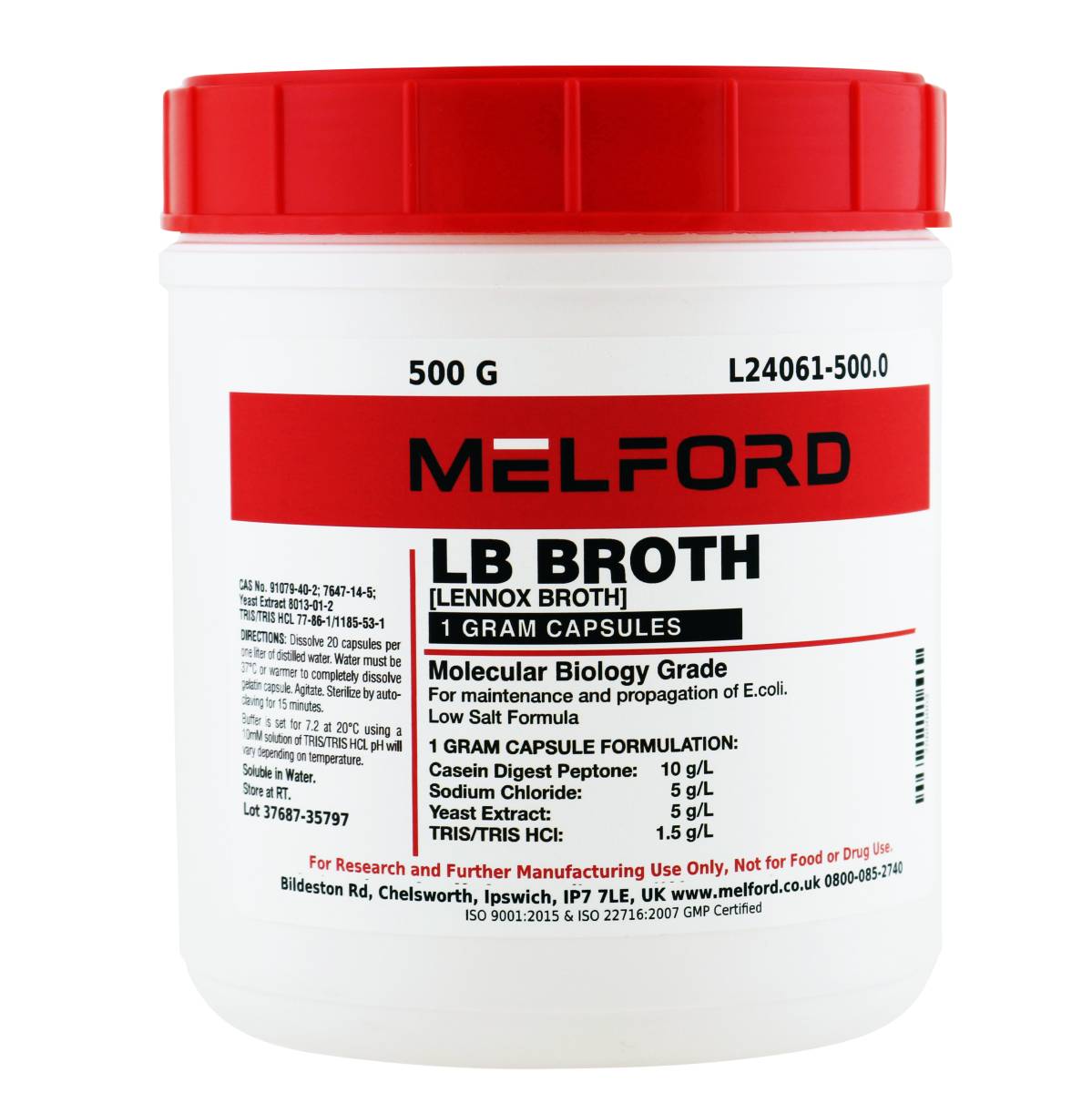 LB Broth 1 Gram Buffered Capsules [Lennox Broth], 500 Grams