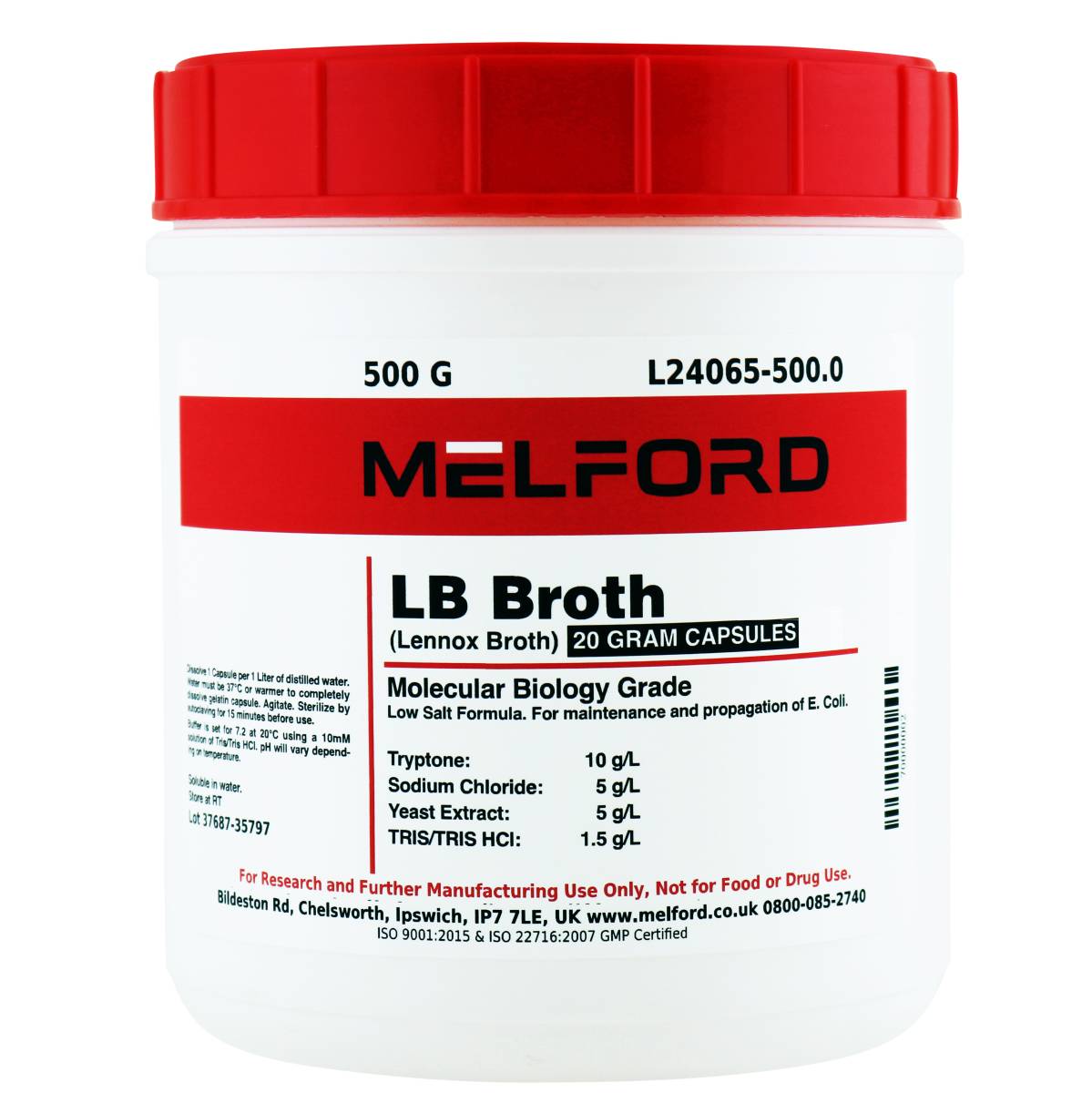 LB Broth 20 Gram Buffered Capsules [Lennox L Broth], 500 Grams