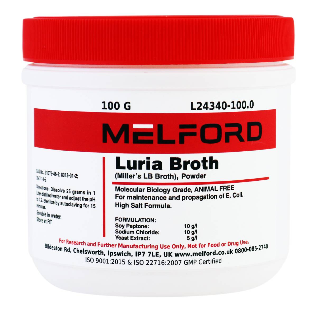 Luria Broth (Miller’s LB Broth) Animal Free, Powder, 100 Grams