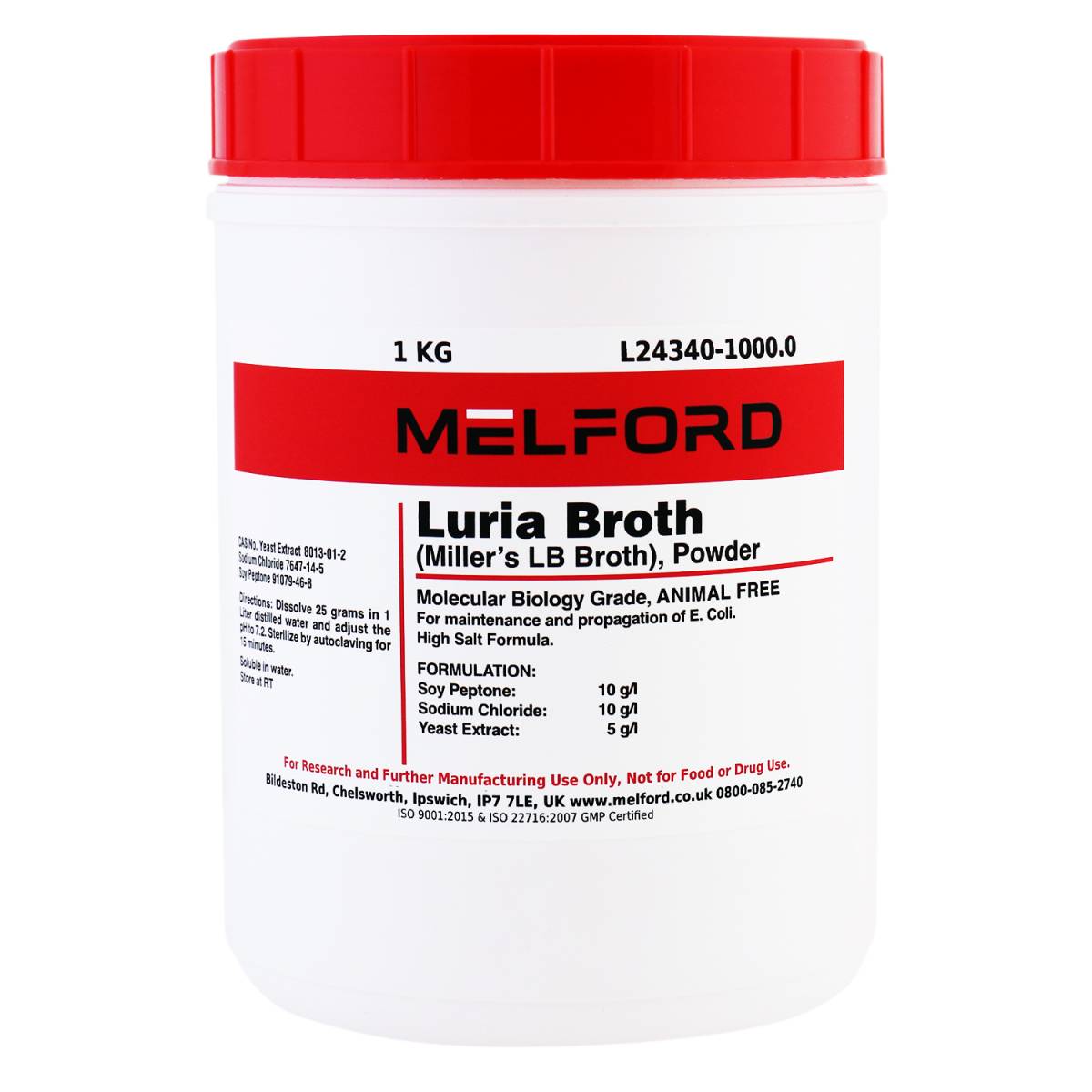 Luria Broth (Miller’s LB Broth) Animal Free, Powder, 1 Kilogram