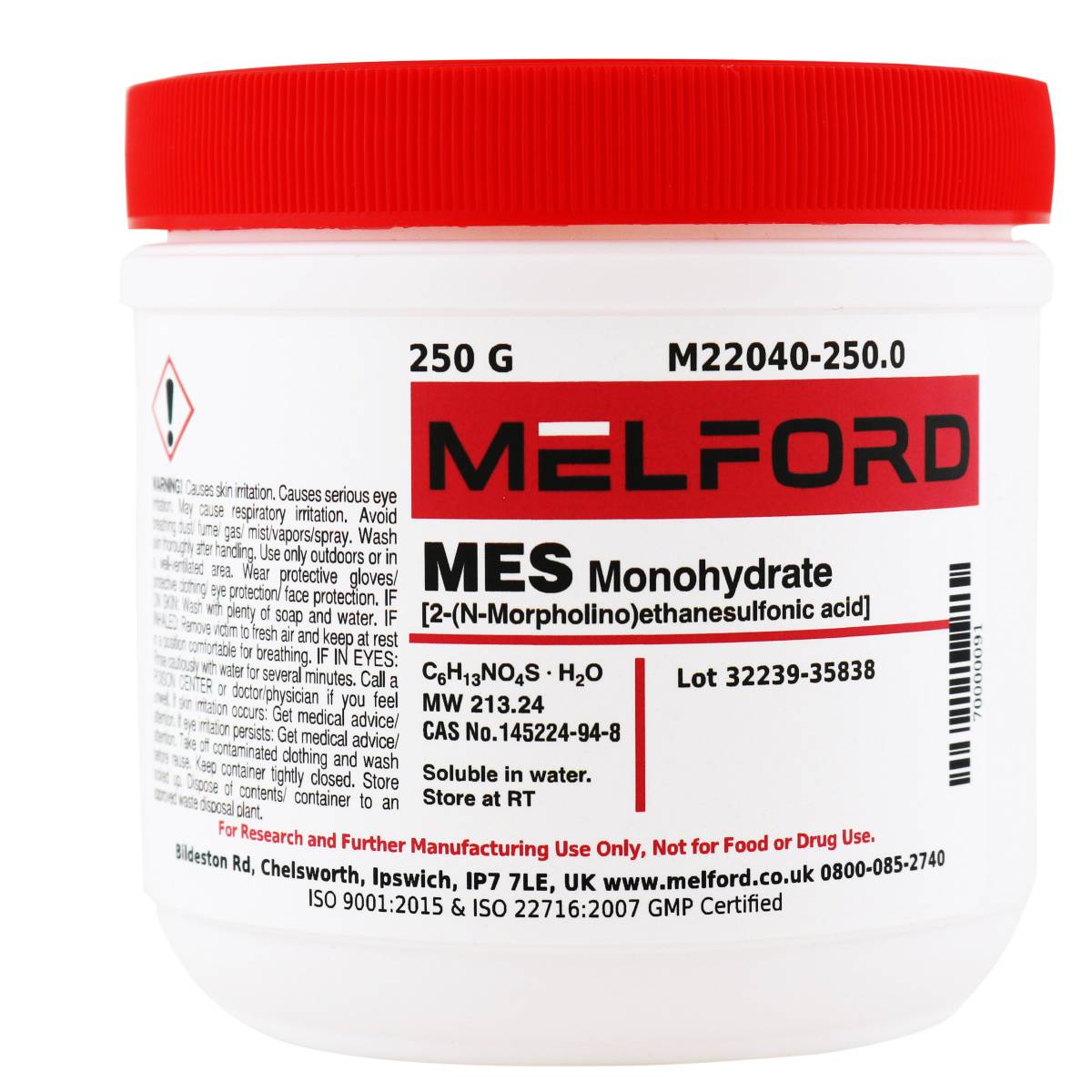 MES Monohydrate [2-(N-Morpholino)-ethanesulfonic acid], 250 Grams