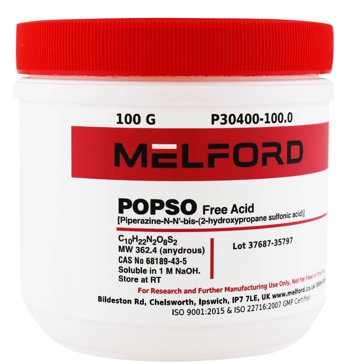 POPSO, Free Acid, [Piperazine-N-N'-bis(hydroxypropane sulfonic acid)], 100 Grams