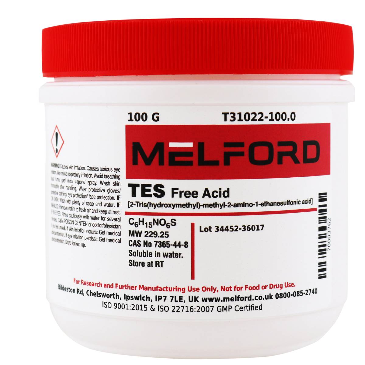 TES, Free Acid, [2-Tris(hydroxymethyl)-methyl-2-amino 1-ethanesulfonic acid], 100 Grams