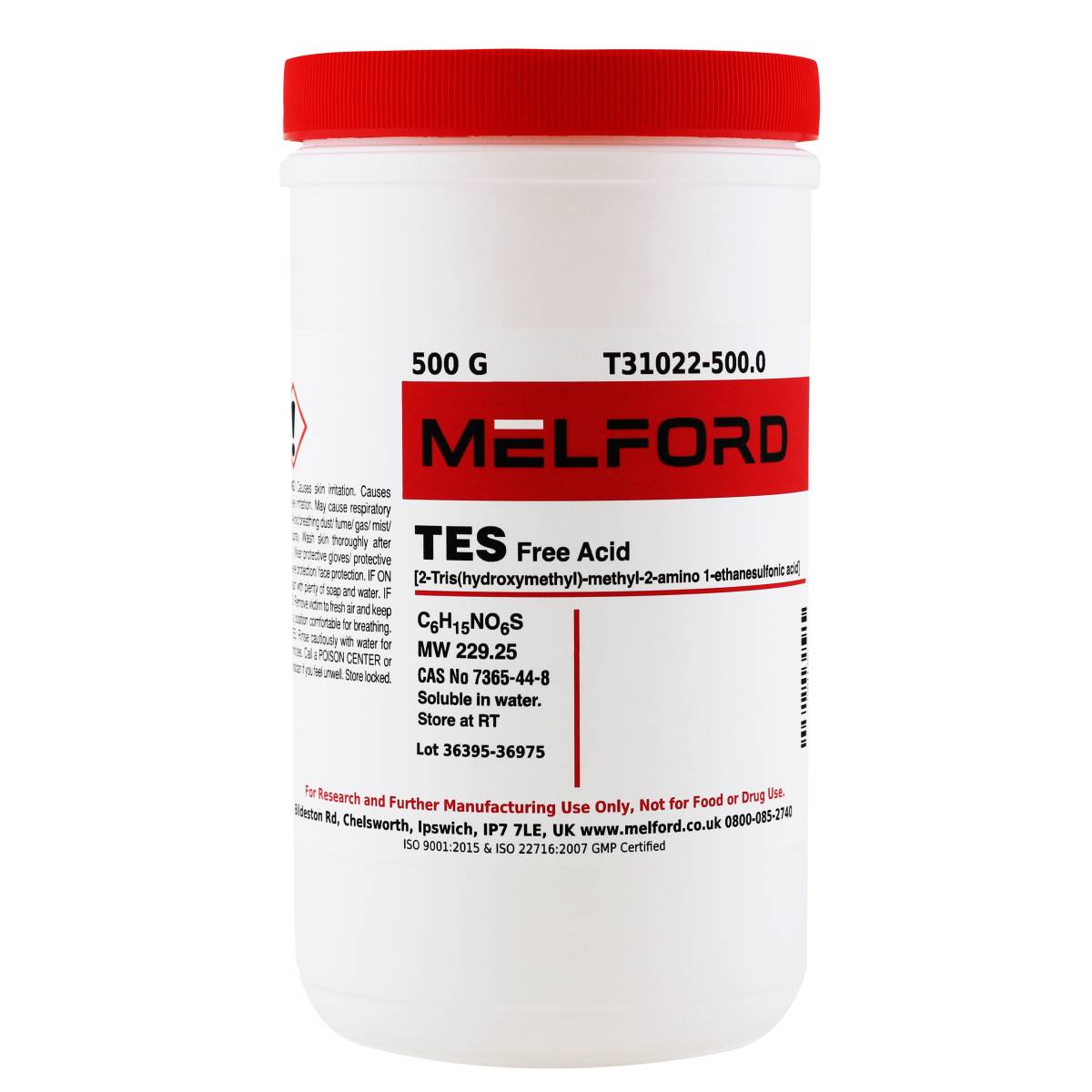 TES, Free Acid, [2-Tris(hydroxymethyl)-methyl-2-amino 1-ethanesulfonic acid], 500 Grams