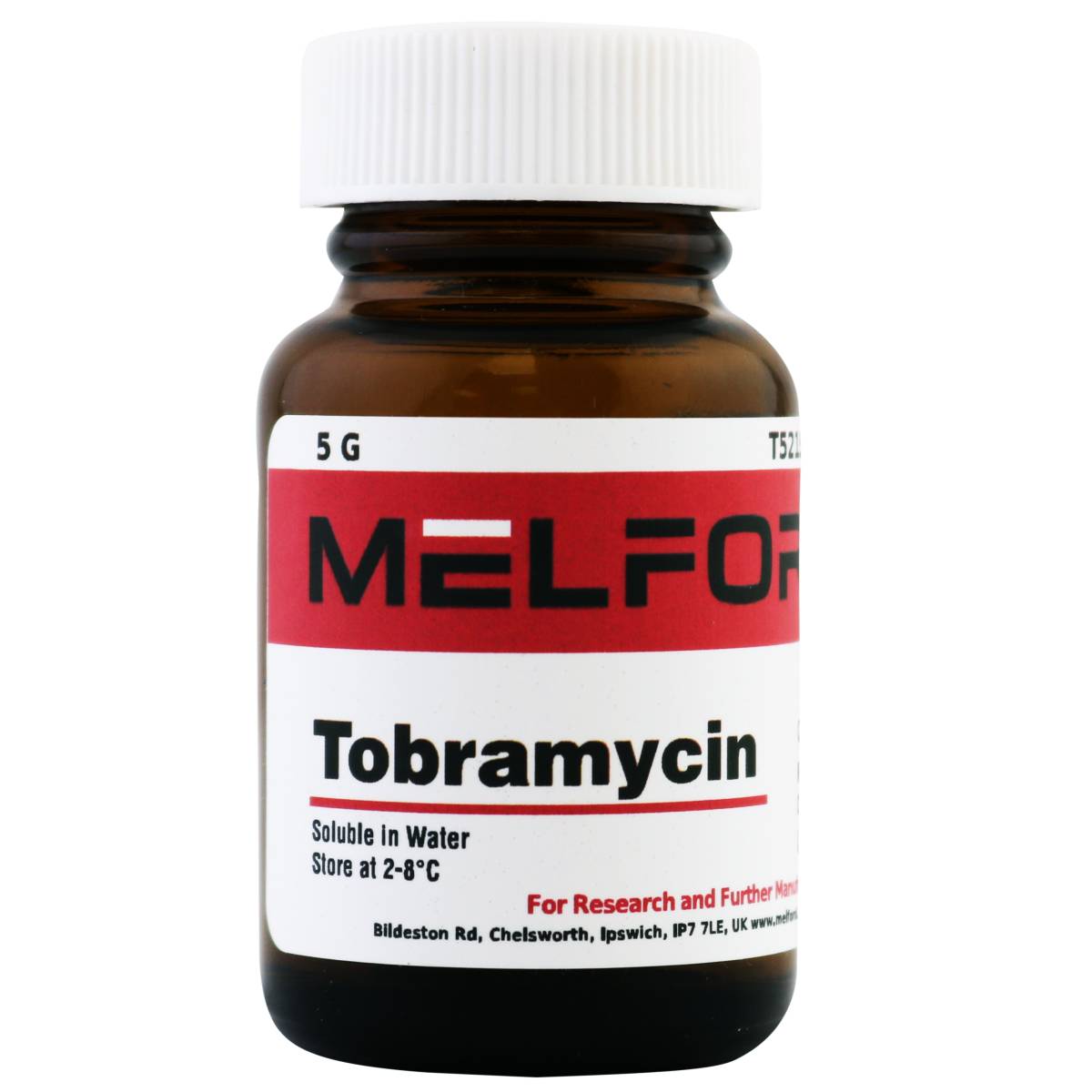 Tobramycin [O-3-Amino-3-deoxy-α-D-glucopyranosyl-(1-6)-O-[2, 6-diamino-2, 3, 6-trideoxy-α-D-ribohexopyranosyl-(1-4)]-2-deoxy-D-streptamine], 5 Grams