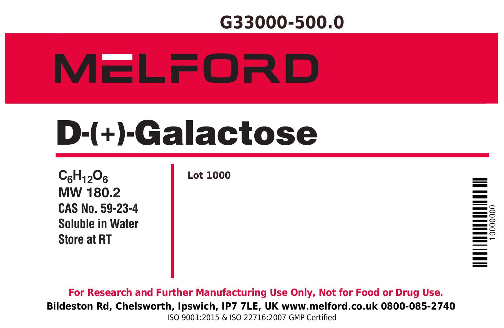 D-(+)-Galactose, 500 Grams